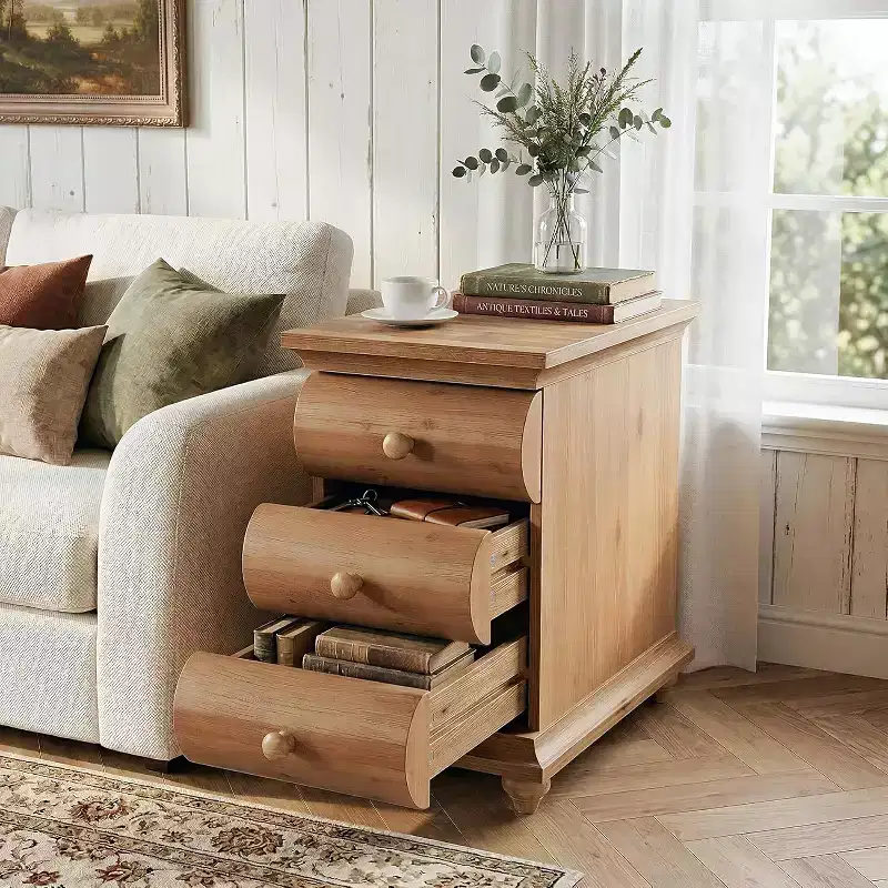 Table d'appoint en bois massif, 3 tiroirs étroite pour canapé avec dos fini pour salon, petits espaces, marron