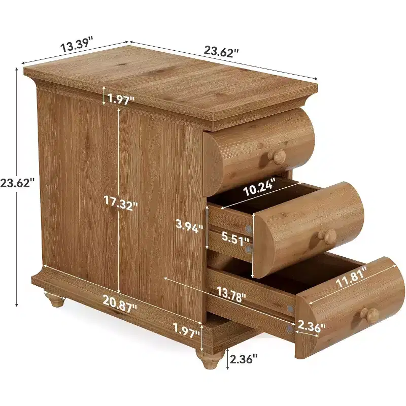 Table d'appoint en bois massif, 3 tiroirs étroite pour canapé avec dos fini pour salon, petits espaces, marron