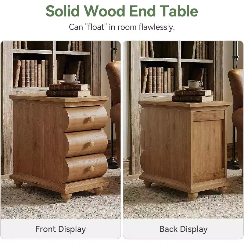 Table d'appoint en bois massif, 3 tiroirs étroite pour canapé avec dos fini pour salon, petits espaces, marron