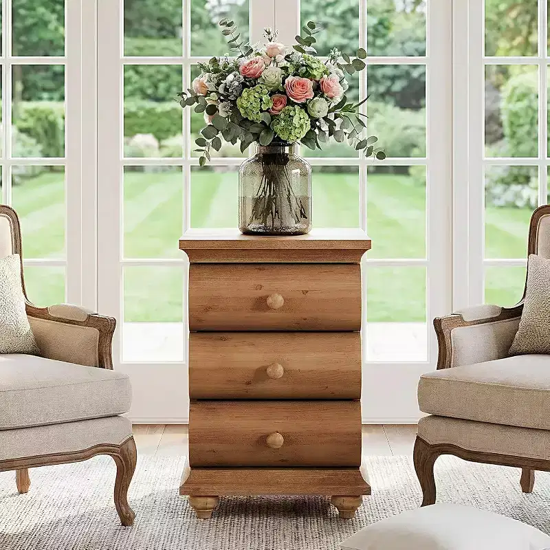 Table d'appoint en bois massif, 3 tiroirs étroite pour canapé avec dos fini pour salon, petits espaces, marron