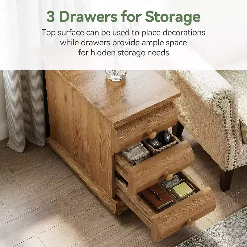 Table d'appoint en bois massif, 3 tiroirs étroite pour canapé avec dos fini pour salon, petits espaces, marron