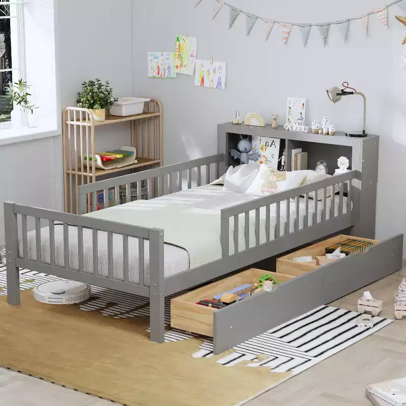 Lit jumeau avec tête de lit de rangement, 2 tiroirs sous le lit et barrières de sécurité, Gris