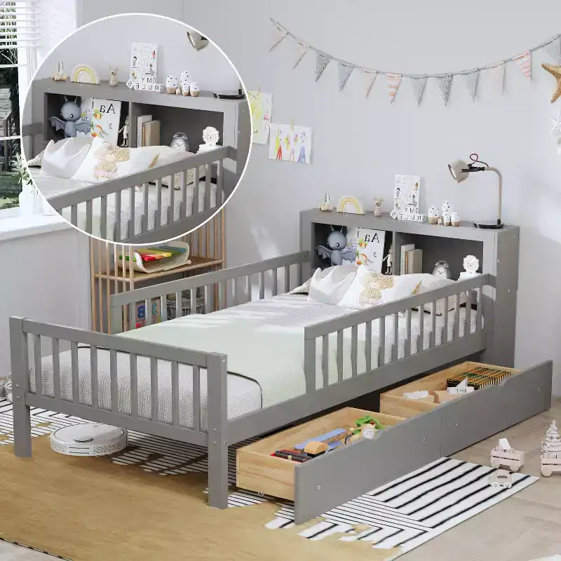 Lit jumeau avec tête de lit de rangement, 2 tiroirs sous le lit et barrières de sécurité, Gris
