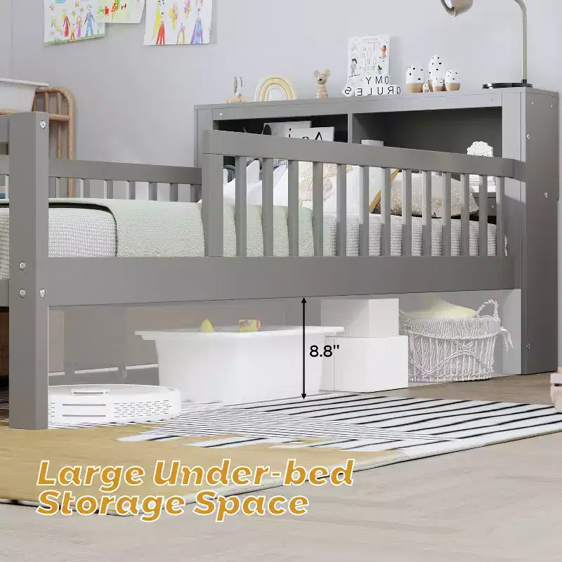 Lit jumeau avec tête de lit de rangement, 2 tiroirs sous le lit et barrières de sécurité, Gris