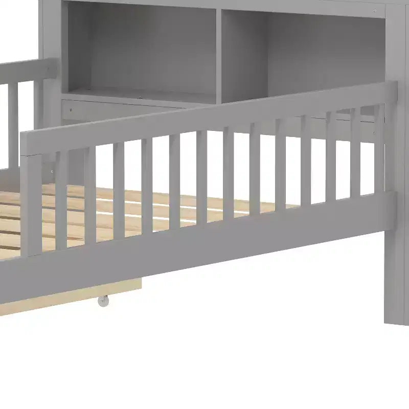 Lit jumeau avec tête de lit de rangement, 2 tiroirs sous le lit et barrières de sécurité, Gris