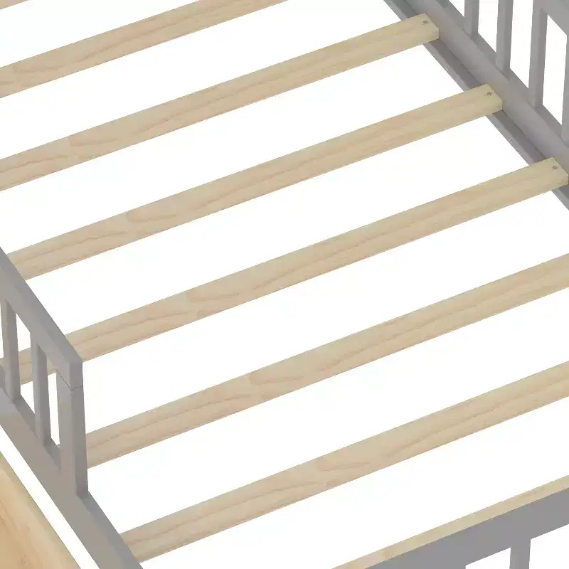 Lit jumeau avec tête de lit de rangement, 2 tiroirs sous le lit et barrières de sécurité, Gris