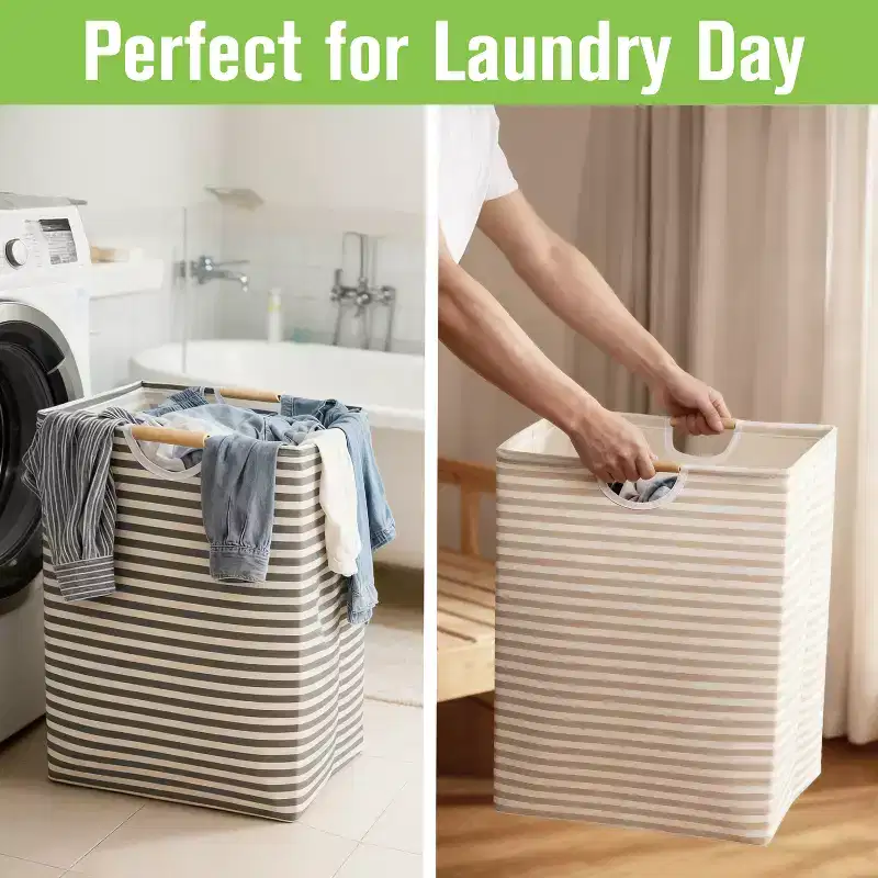 2 paniers à linge pliables, sac à linge sale pliable avec poignées en bois, paniers de rangement pour vêtements sales, bac de rangement pour chambre d'enfant