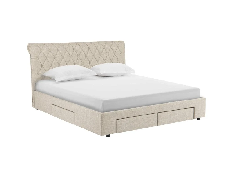 Lit double avec 4 tiroirs en lin beige 140x190 cm LEANDRE