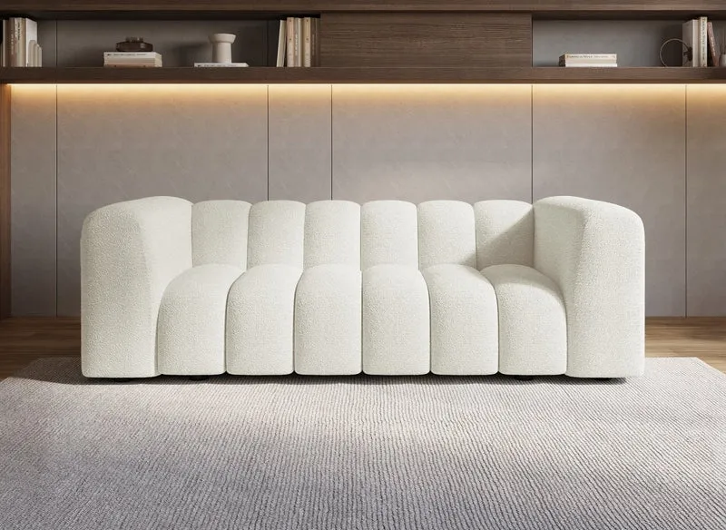 Canapé fixe 3 places en tissu bouclette beige clair AELIS