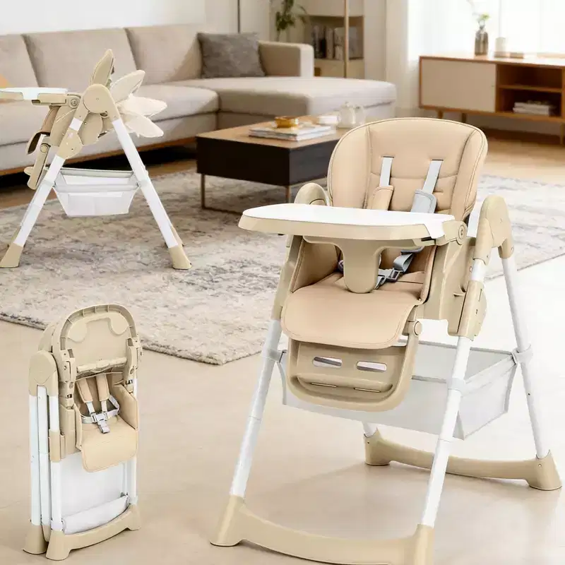 Chaise haute pliable pour bébé, chaise pour tout-petit réglable avec tablette amovible, harnais à 5 points et roues verrouillables pour les repas et le jeu