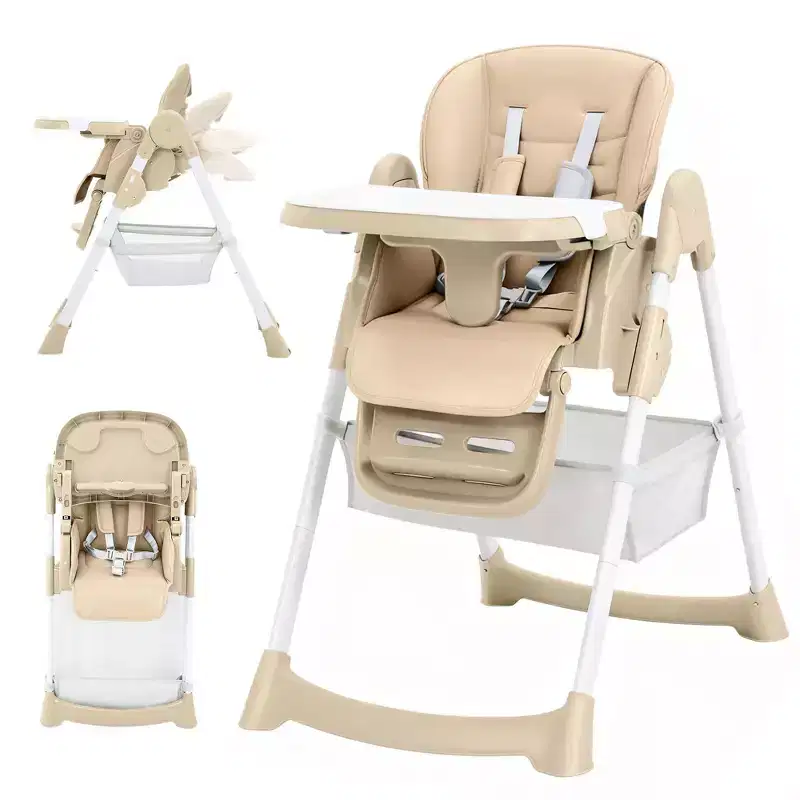 Chaise haute pliable pour bébé, chaise pour tout-petit réglable avec tablette amovible, harnais à 5 points et roues verrouillables pour les repas et le jeu