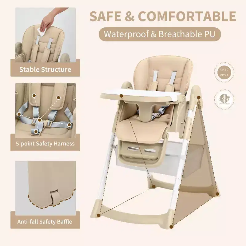 Chaise haute pliable pour bébé, chaise pour tout-petit réglable avec tablette amovible, harnais à 5 points et roues verrouillables pour les repas et le jeu