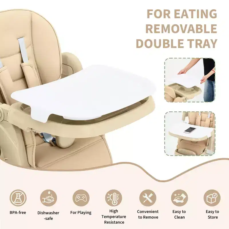 Chaise haute pliable pour bébé, chaise pour tout-petit réglable avec tablette amovible, harnais à 5 points et roues verrouillables pour les repas et le jeu