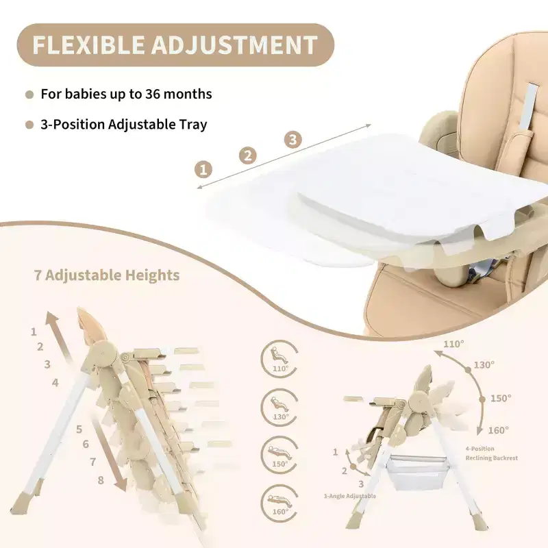 Chaise haute pliable pour bébé, chaise pour tout-petit réglable avec tablette amovible, harnais à 5 points et roues verrouillables pour les repas et le jeu