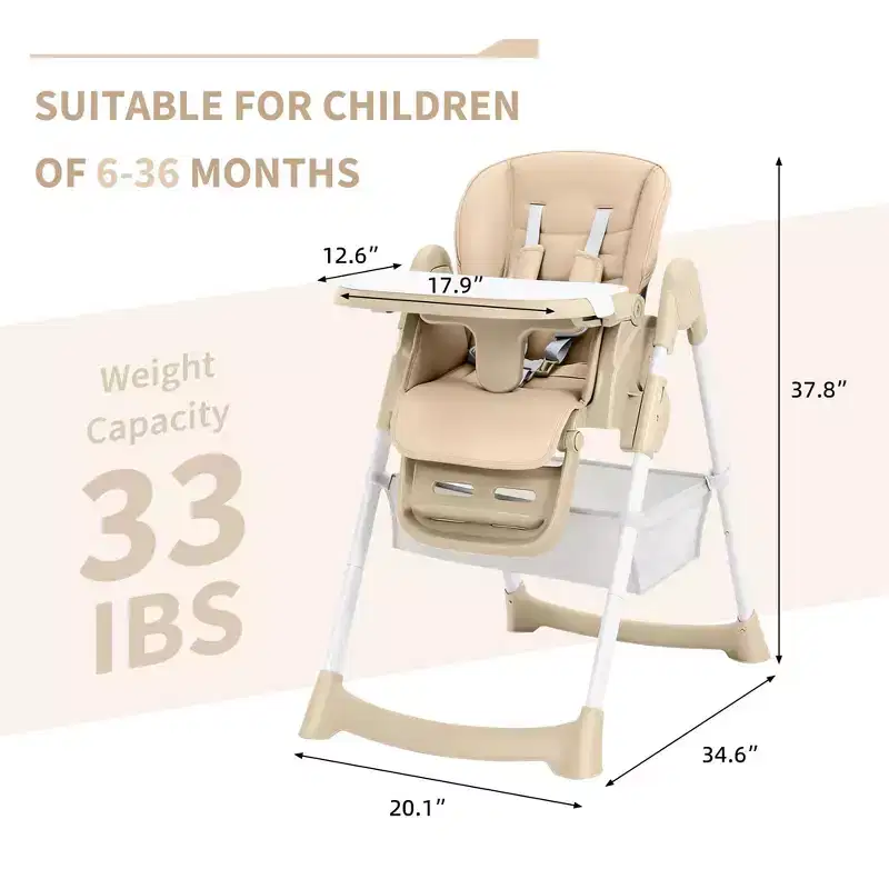 Chaise haute pliable pour bébé, chaise pour tout-petit réglable avec tablette amovible, harnais à 5 points et roues verrouillables pour les repas et le jeu