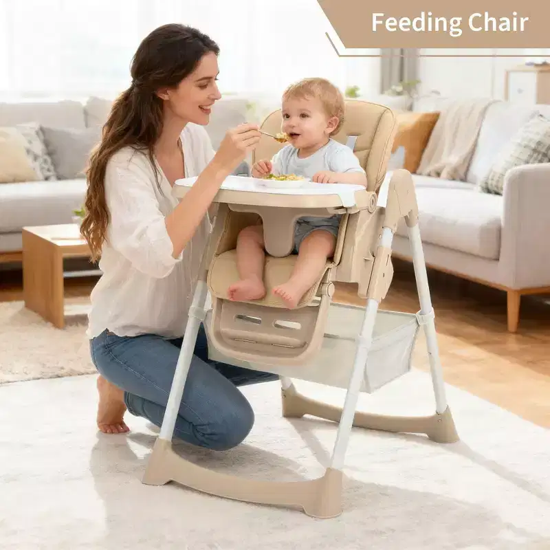 Chaise haute pliable pour bébé, chaise pour tout-petit réglable avec tablette amovible, harnais à 5 points et roues verrouillables pour les repas et le jeu