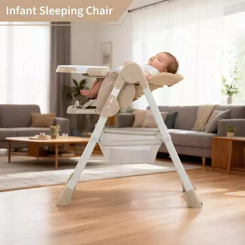 Chaise haute pliable pour bébé, chaise pour tout-petit réglable avec tablette amovible, harnais à 5 points et roues verrouillables pour les repas et le jeu