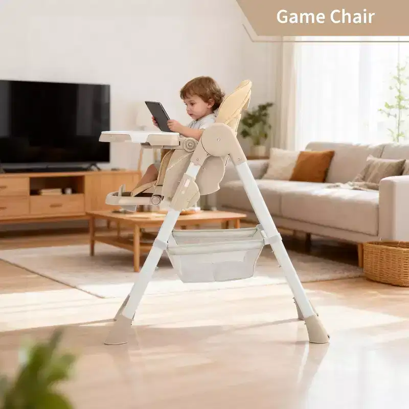 Chaise haute pliable pour bébé, chaise pour tout-petit réglable avec tablette amovible, harnais à 5 points et roues verrouillables pour les repas et le jeu