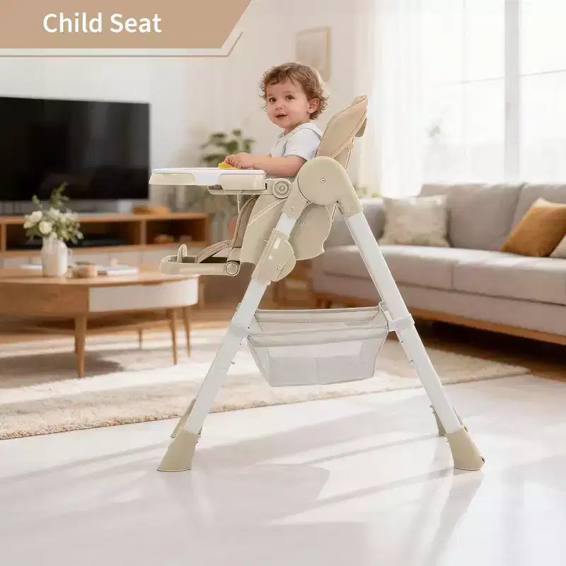 Chaise haute pliable pour bébé, chaise pour tout-petit réglable avec tablette amovible, harnais à 5 points et roues verrouillables pour les repas et le jeu