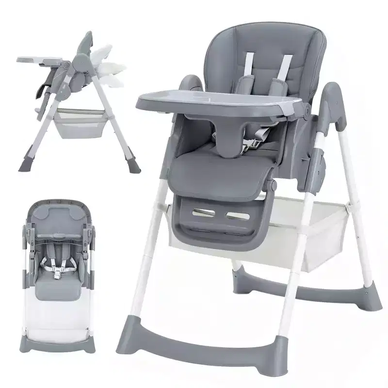 Chaise haute pliable pour bébé, chaise pour tout-petit réglable avec tablette amovible, harnais à 5 points et roues verrouillables pour les repas et le jeu