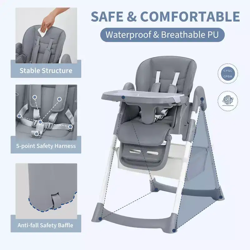 Chaise haute pliable pour bébé, chaise pour tout-petit réglable avec tablette amovible, harnais à 5 points et roues verrouillables pour les repas et le jeu