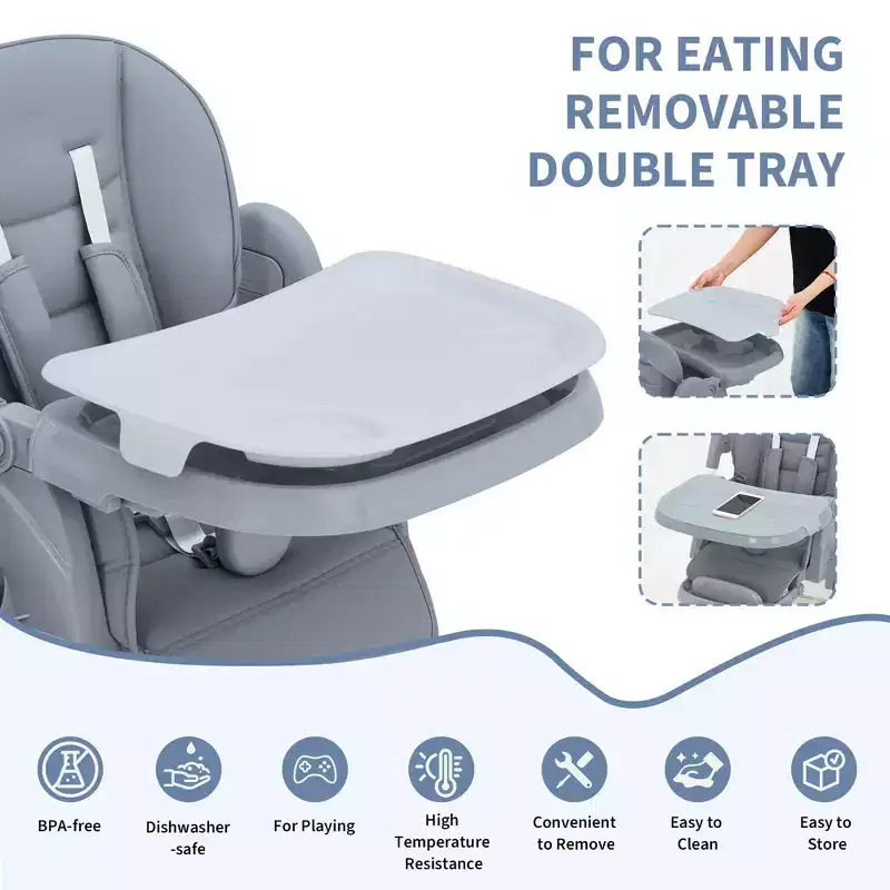 Chaise haute pliable pour bébé, chaise pour tout-petit réglable avec tablette amovible, harnais à 5 points et roues verrouillables pour les repas et le jeu
