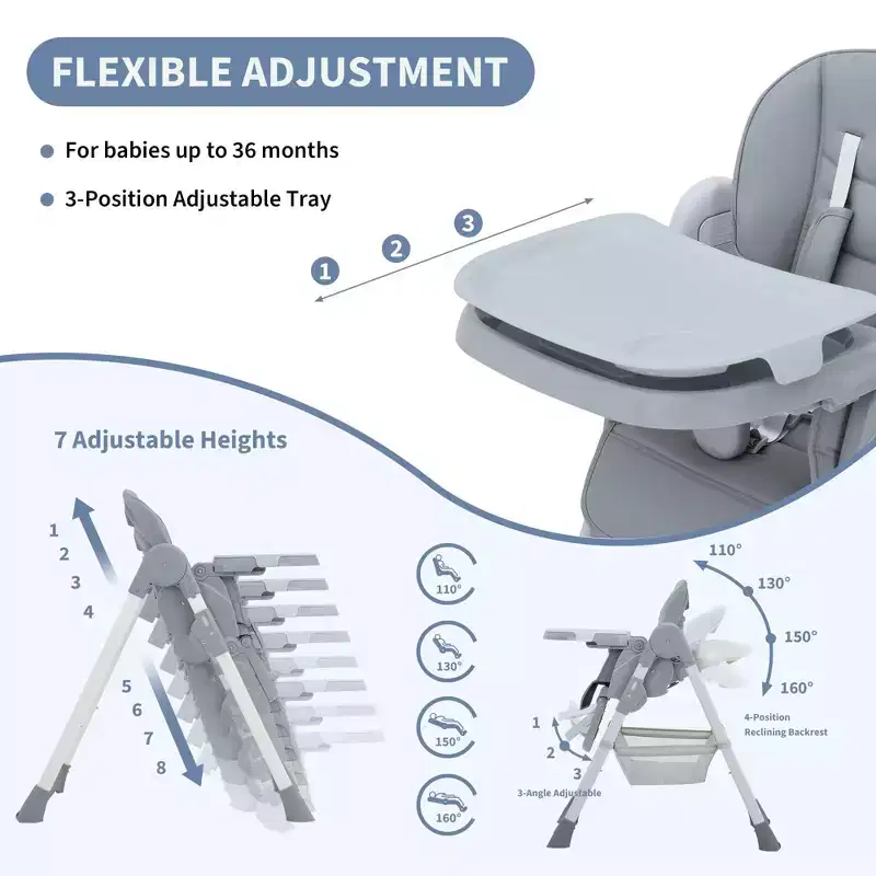 Chaise haute pliable pour bébé, chaise pour tout-petit réglable avec tablette amovible, harnais à 5 points et roues verrouillables pour les repas et le jeu