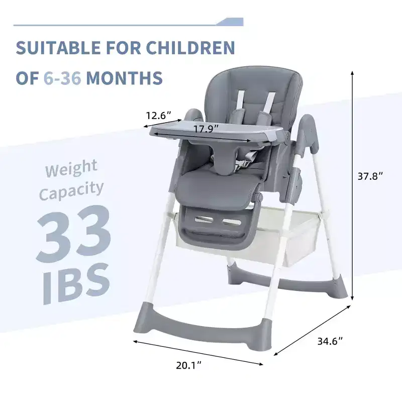 Chaise haute pliable pour bébé, chaise pour tout-petit réglable avec tablette amovible, harnais à 5 points et roues verrouillables pour les repas et le jeu