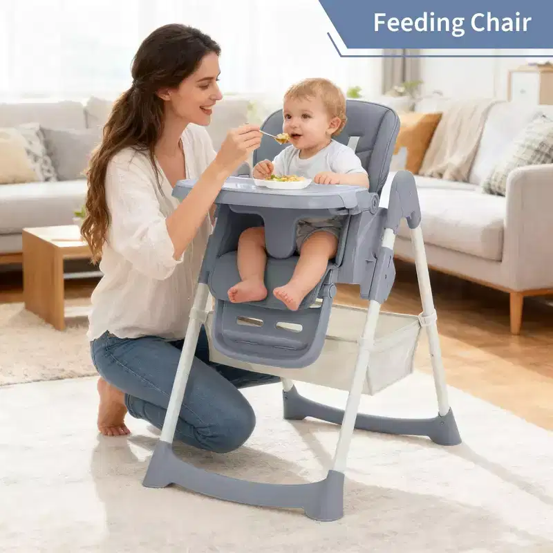 Chaise haute pliable pour bébé, chaise pour tout-petit réglable avec tablette amovible, harnais à 5 points et roues verrouillables pour les repas et le jeu