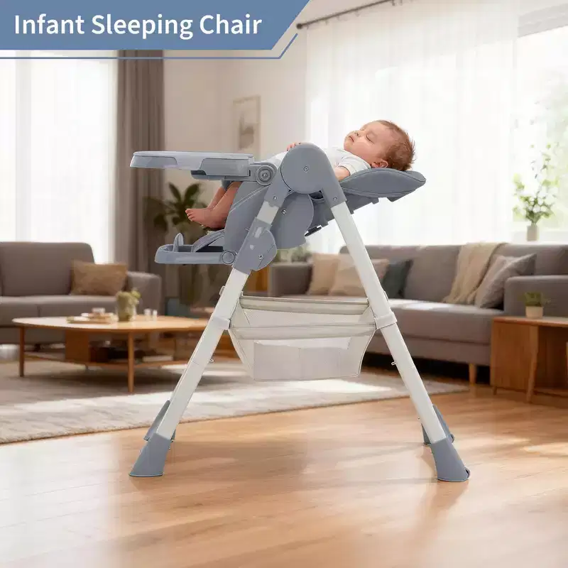 Chaise haute pliable pour bébé, chaise pour tout-petit réglable avec tablette amovible, harnais à 5 points et roues verrouillables pour les repas et le jeu