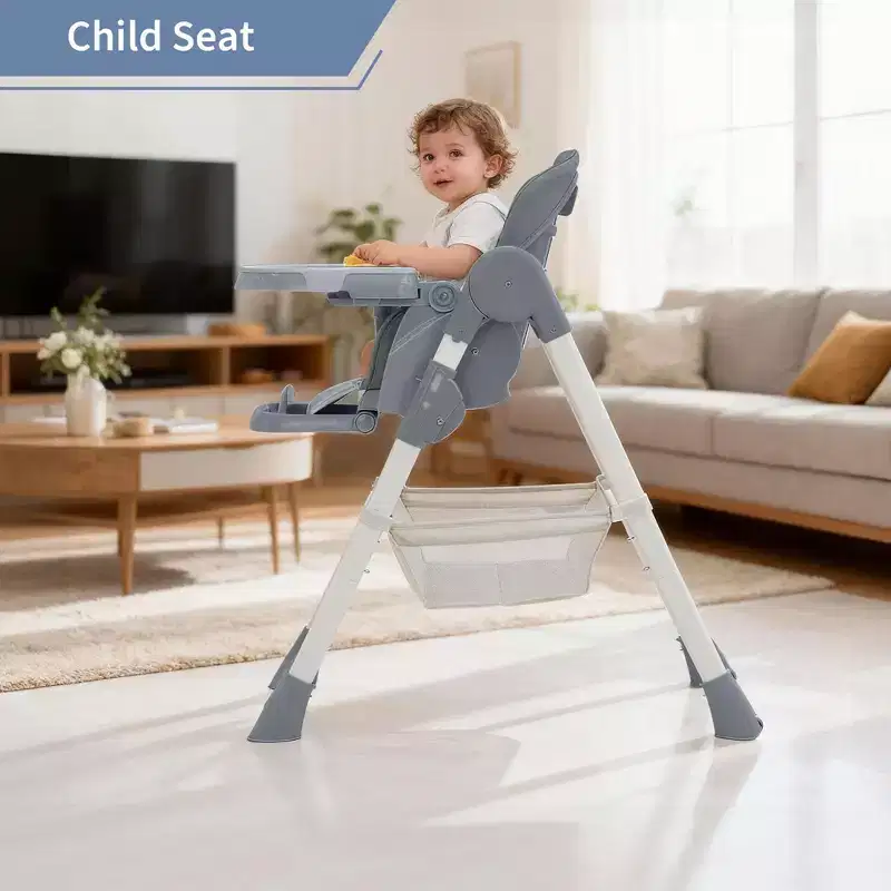 Chaise haute pliable pour bébé, chaise pour tout-petit réglable avec tablette amovible, harnais à 5 points et roues verrouillables pour les repas et le jeu