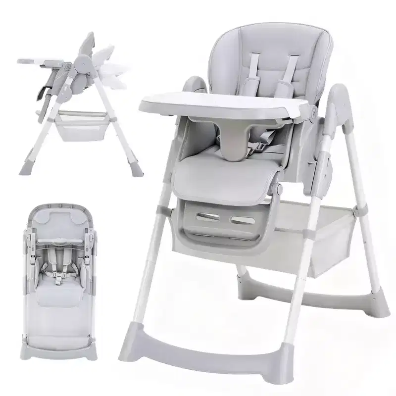 Chaise haute pliable pour bébé, chaise pour tout-petit réglable avec tablette amovible, harnais à 5 points et roues verrouillables pour les repas et le jeu