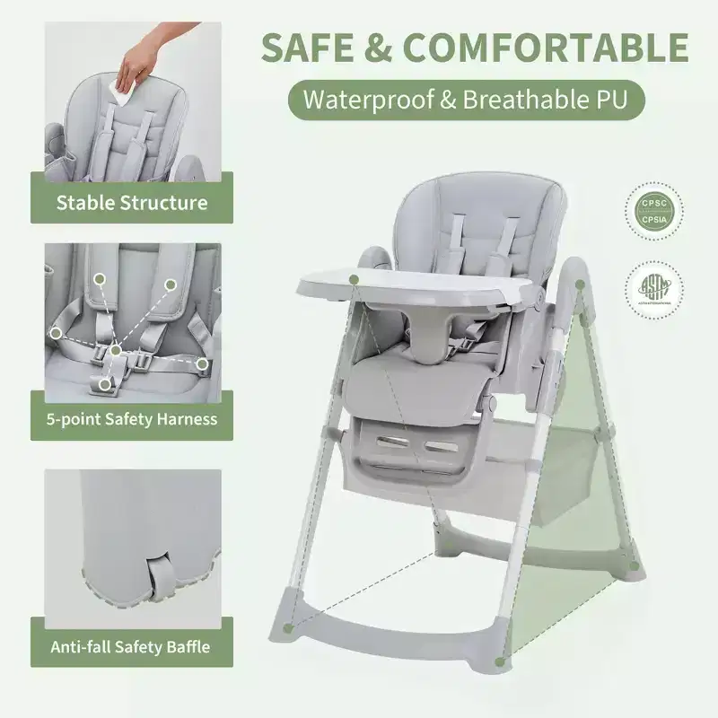Chaise haute pliable pour bébé, chaise pour tout-petit réglable avec tablette amovible, harnais à 5 points et roues verrouillables pour les repas et le jeu
