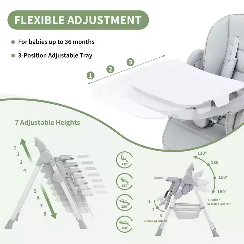 Chaise haute pliable pour bébé, chaise pour tout-petit réglable avec tablette amovible, harnais à 5 points et roues verrouillables pour les repas et le jeu