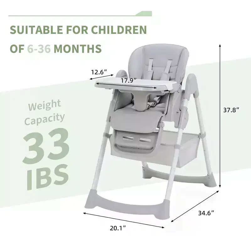 Chaise haute pliable pour bébé, chaise pour tout-petit réglable avec tablette amovible, harnais à 5 points et roues verrouillables pour les repas et le jeu