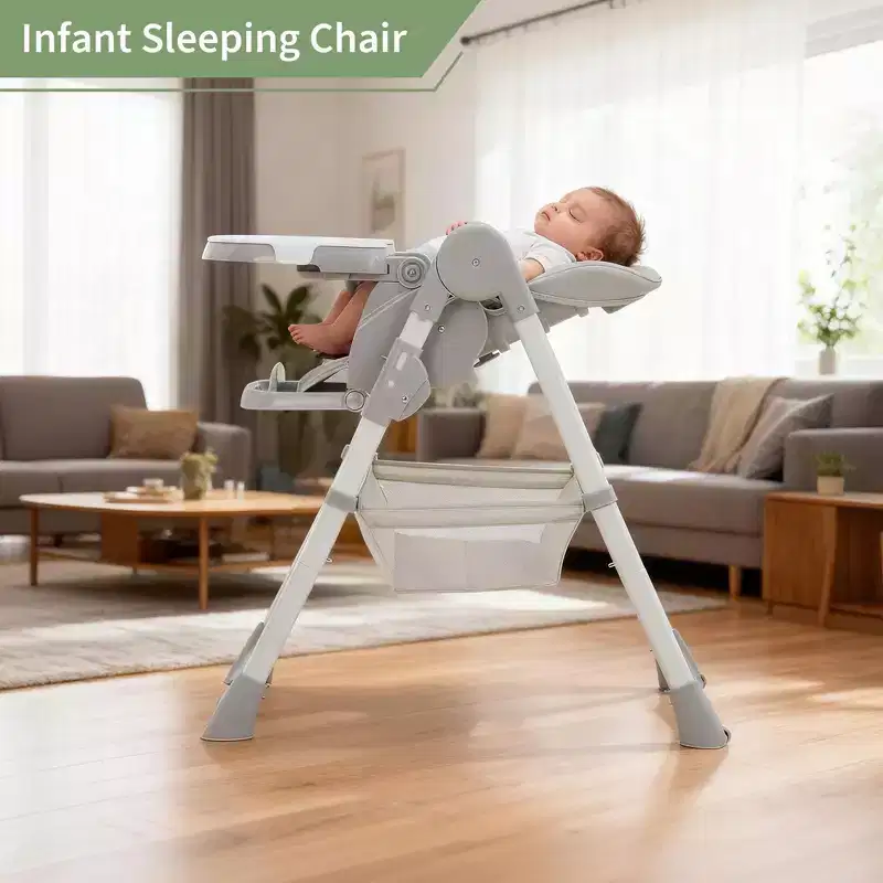 Chaise haute pliable pour bébé, chaise pour tout-petit réglable avec tablette amovible, harnais à 5 points et roues verrouillables pour les repas et le jeu