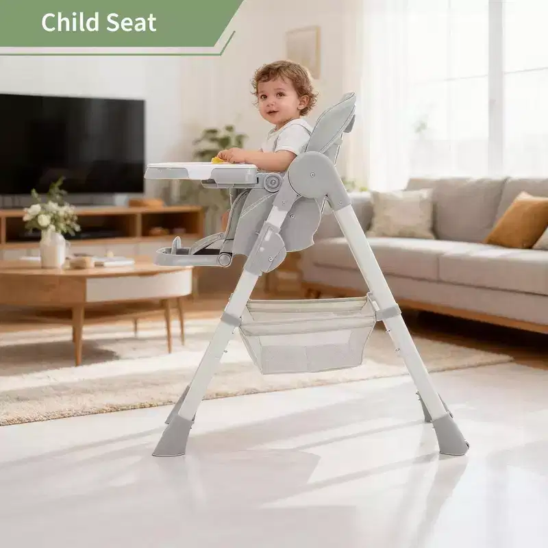 Chaise haute pliable pour bébé, chaise pour tout-petit réglable avec tablette amovible, harnais à 5 points et roues verrouillables pour les repas et le jeu