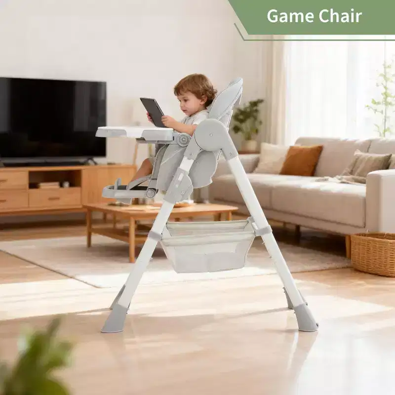Chaise haute pliable pour bébé, chaise pour tout-petit réglable avec tablette amovible, harnais à 5 points et roues verrouillables pour les repas et le jeu