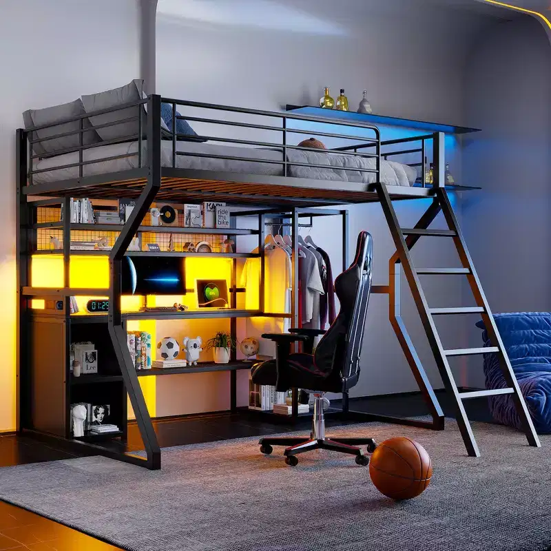 Lit mezzanine en métal Full Metal Gaming avec LED et poste de travail intégré, lit mezzanine haut pleine grandeur avec armoire de rangement, noir