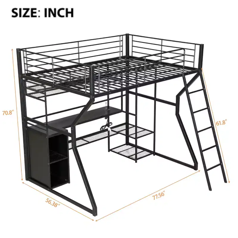 Lit mezzanine en métal Full Metal Gaming avec LED et poste de travail intégré, lit mezzanine haut pleine grandeur avec armoire de rangement, noir