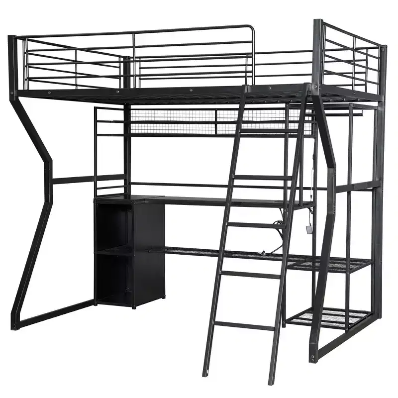 Lit mezzanine en métal Full Metal Gaming avec LED et poste de travail intégré, lit mezzanine haut pleine grandeur avec armoire de rangement, noir