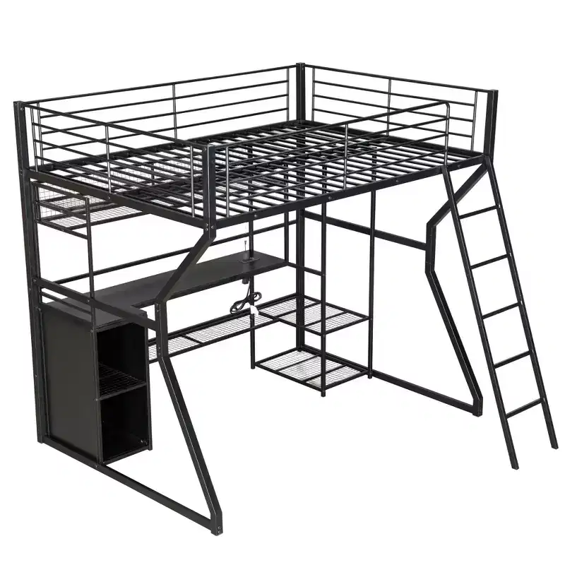 Lit mezzanine en métal Full Metal Gaming avec LED et poste de travail intégré, lit mezzanine haut pleine grandeur avec armoire de rangement, noir