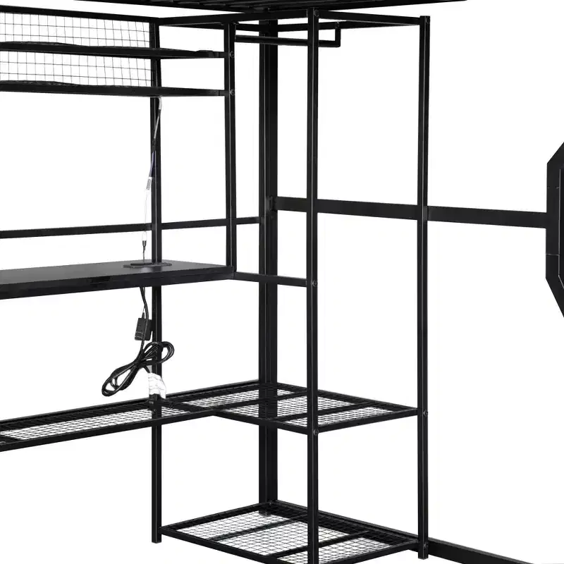 Lit mezzanine en métal Full Metal Gaming avec LED et poste de travail intégré, lit mezzanine haut pleine grandeur avec armoire de rangement, noir