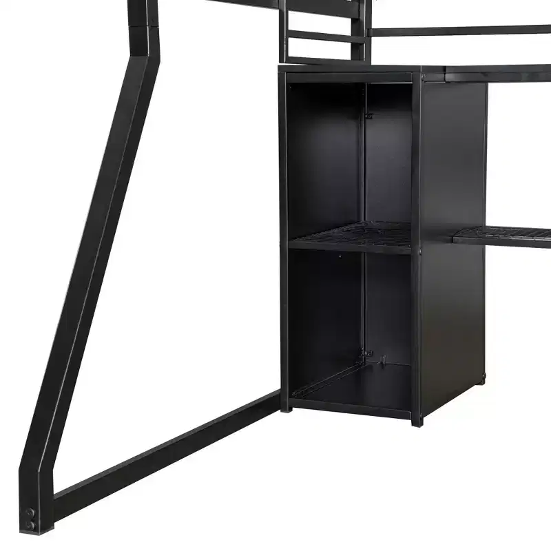 Lit mezzanine en métal Full Metal Gaming avec LED et poste de travail intégré, lit mezzanine haut pleine grandeur avec armoire de rangement, noir