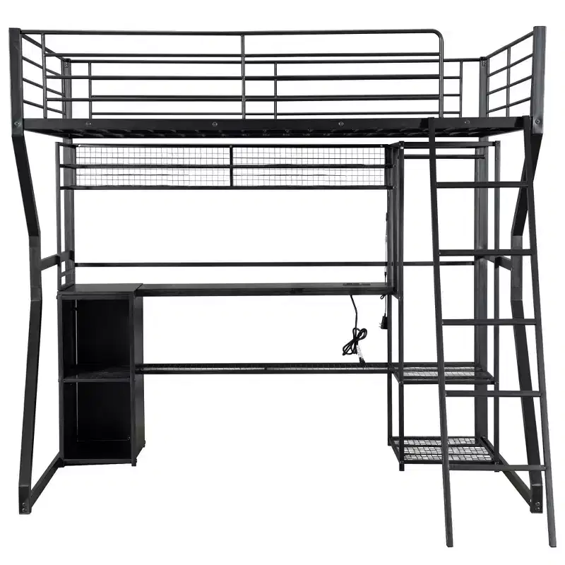 Lit mezzanine en métal Full Metal Gaming avec LED et poste de travail intégré, lit mezzanine haut pleine grandeur avec armoire de rangement, noir