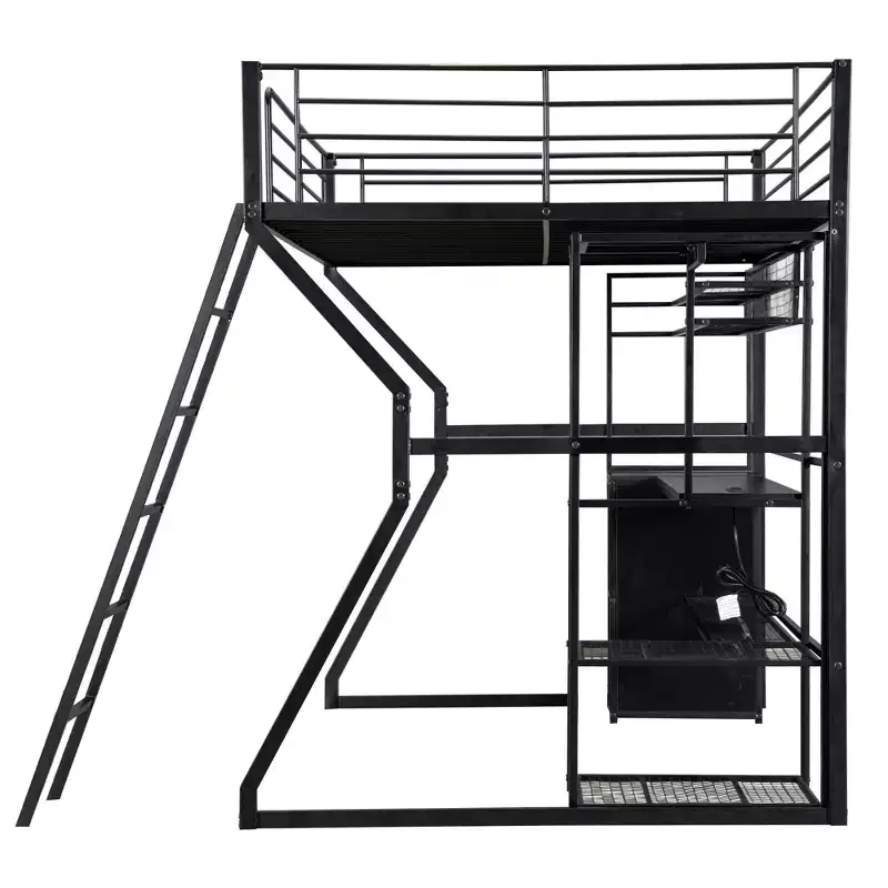 Lit mezzanine en métal Full Metal Gaming avec LED et poste de travail intégré, lit mezzanine haut pleine grandeur avec armoire de rangement, noir