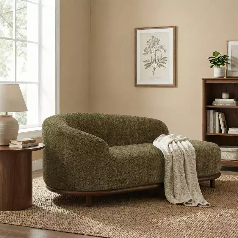 Chaise longue, canapé moderne du milieu du siècle avec cadre en bois d'hévéa, méridienne gauche pour salon