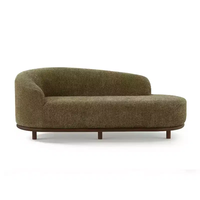 Chaise longue, canapé moderne du milieu du siècle avec cadre en bois d'hévéa, méridienne gauche pour salon