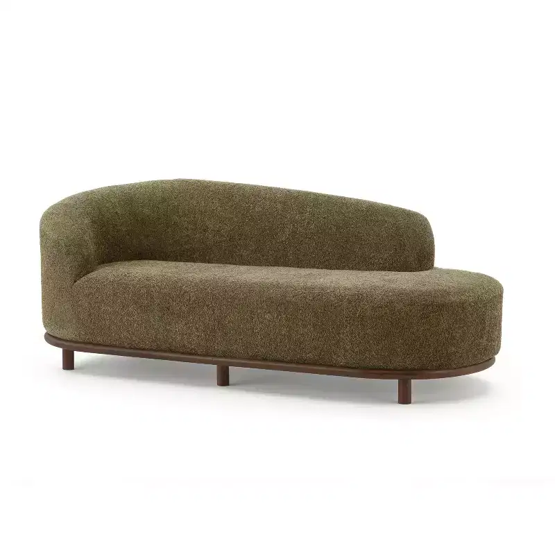 Chaise longue, canapé moderne du milieu du siècle avec cadre en bois d'hévéa, méridienne gauche pour salon