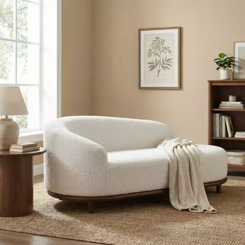 Chaise longue, canapé moderne du milieu du siècle avec cadre en bois d'hévéa, méridienne gauche pour salon